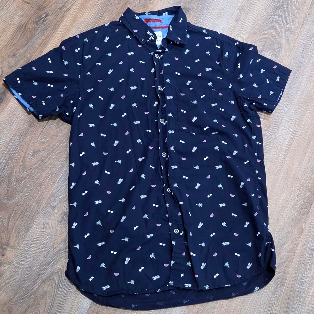 Ditch Plains Ricky Singh Mens Navy Blue Tropical Pineapple Print Button Down L